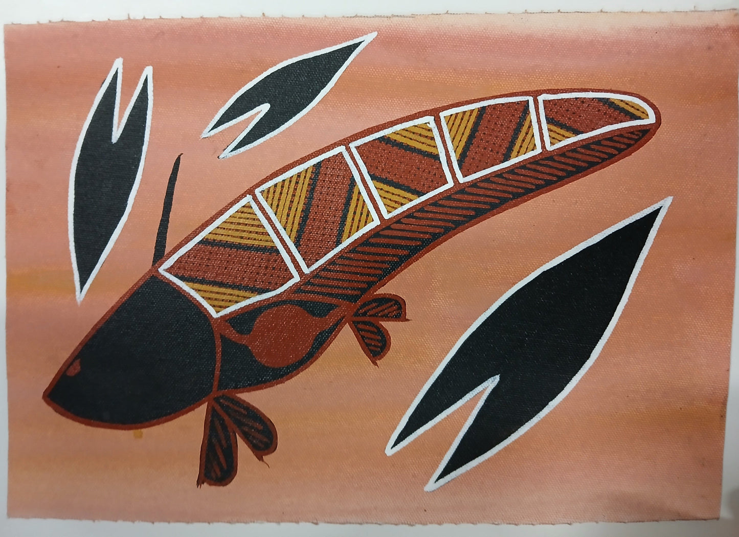 Authentic aboriginal artwork canvas, Aquatic life. Kakadu National Park. Catfish