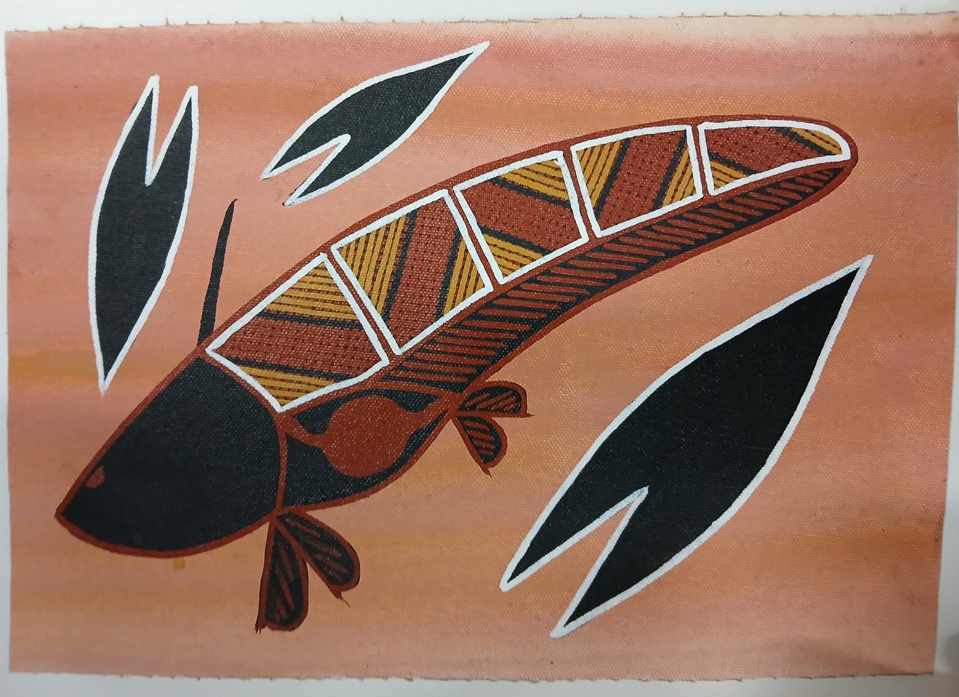 Authentic aboriginal artwork canvas, Aquatic life. Kakadu National Park. Catfish