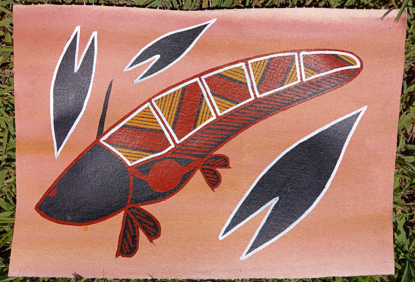 Authentic aboriginal artwork canvas, Aquatic life. Kakadu National Park. Catfish