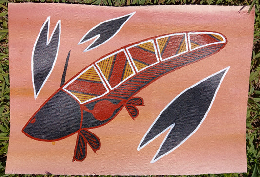 Authentic aboriginal artwork canvas, Aquatic life. Kakadu National Park. Catfish