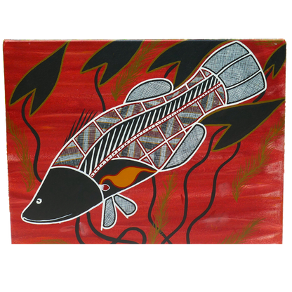 Aboriginal Artwork, Barramundi on canvas made in Kakadu National Park 