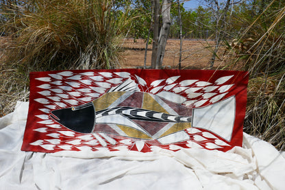 Aboriginal art painted on bark, Barramundi with water lilies