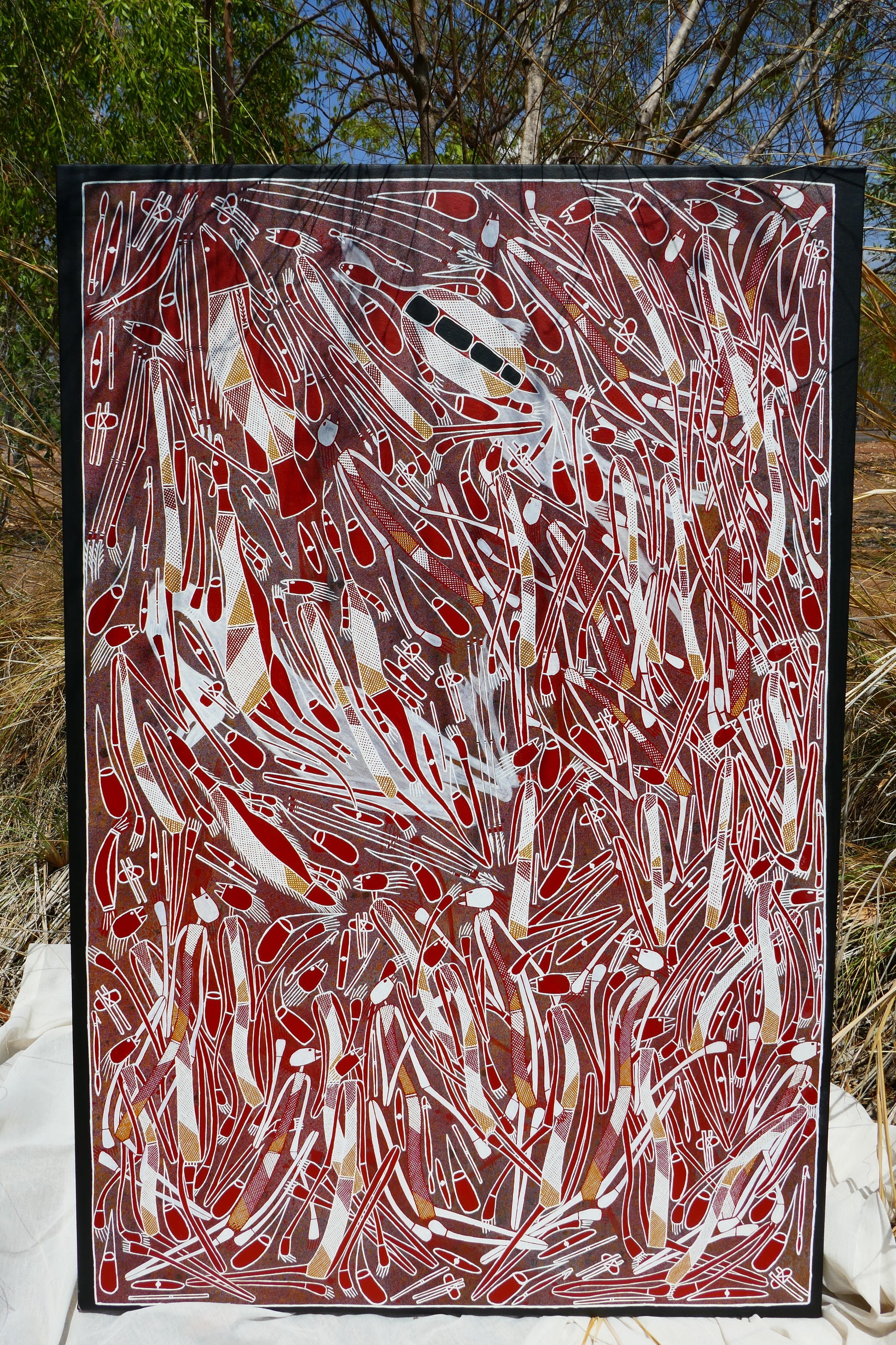 Authentic Aboriginal Artwork framed canvas, the story of Aboriginal community 