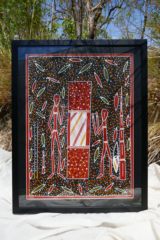 Authentic Aboriginal art of two crocodile hunters in Kakadu