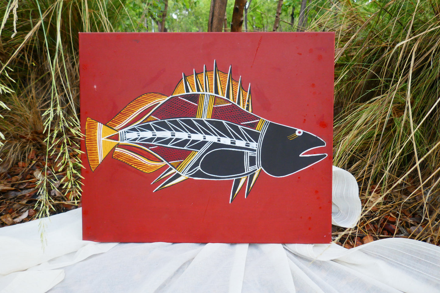 Barramundi on canvas, Kakadu National Park, aboriginal art 